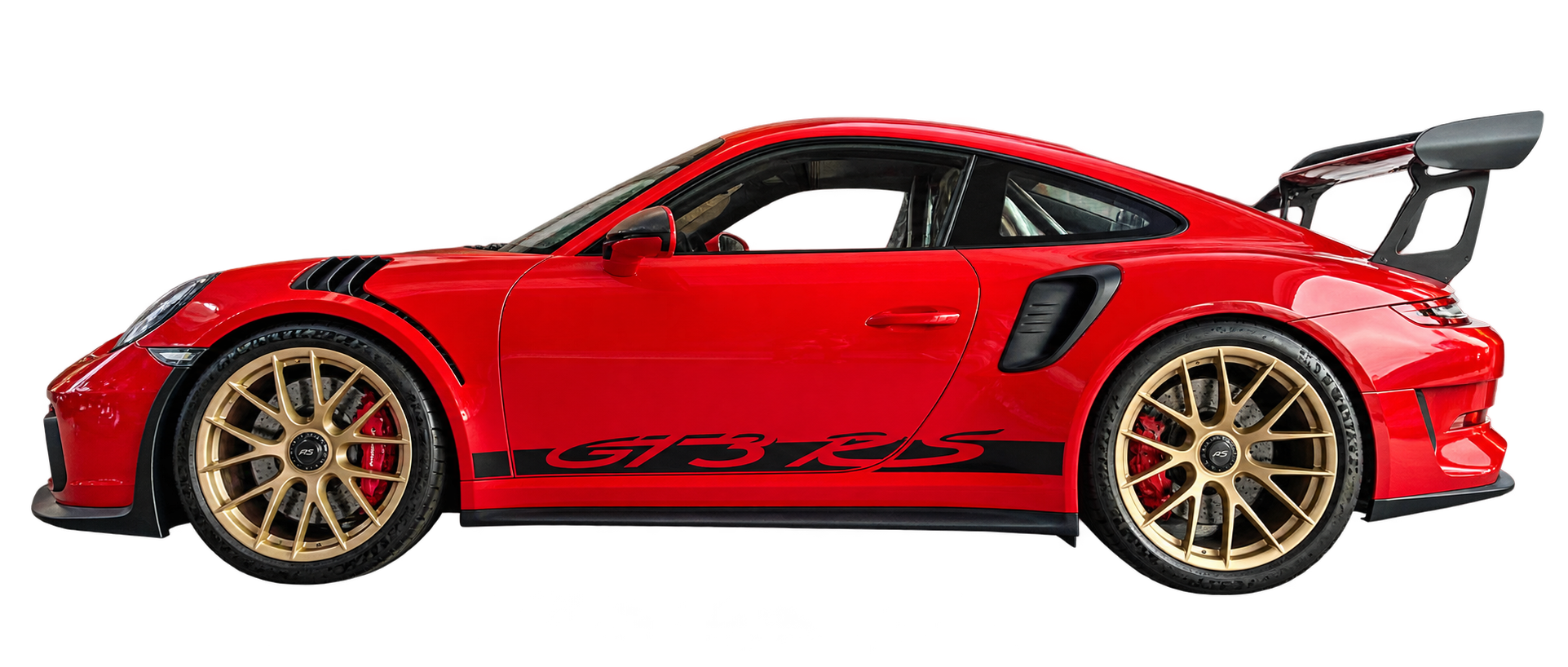 Porsche rouge GT3 RS de profil au garage